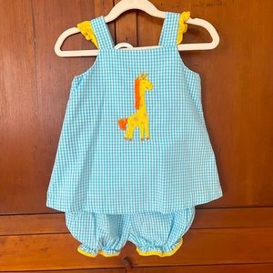 Girls Blue Gingham Shorts Set - Giraffe Appliqué